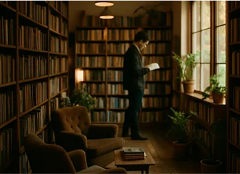 Cozy home library with bookshelves and comfortable reading chairs